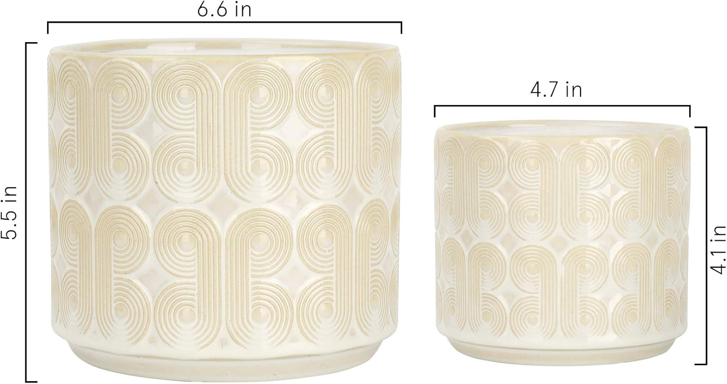 LA JOLIE MUSE Ceramic Planter Set of 2 - 6.6 Inch Greece Style Embossed Flower Pot with Drain Hole for Indoor, with Classic Scrolls Pattern, Ivory : Garden & Outdoor