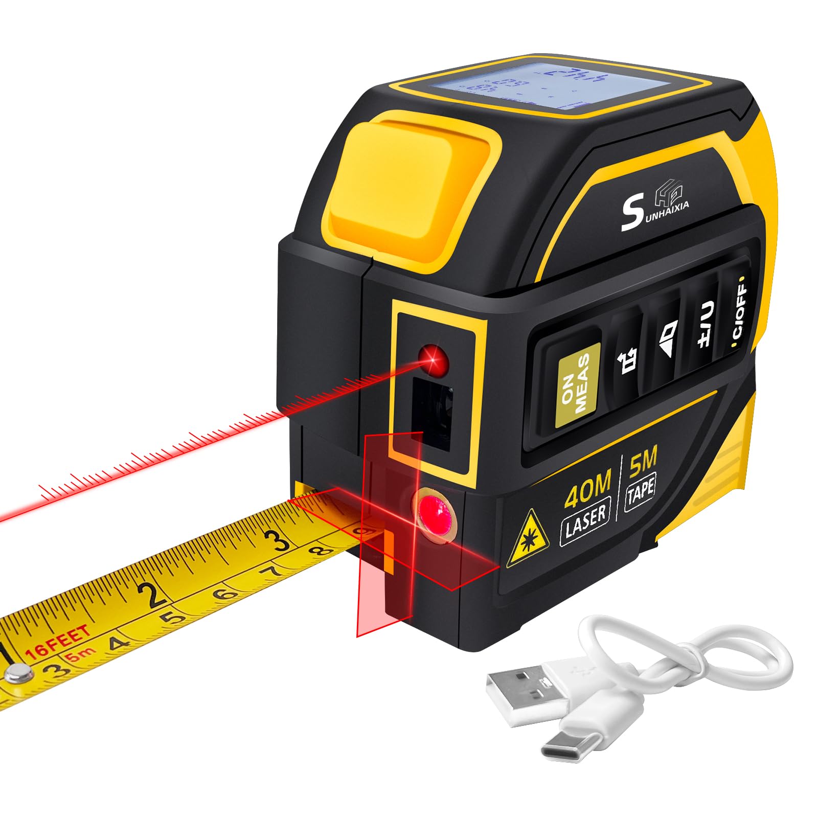 Photo 1 of *UNTESTED*
4-in-1 Laser Tape Measure with Laser Level Crosshairs |130ft/40m Laser Distance+16ft/5m AutoLock Tape |Backlit LCD Display (Ft/Inch/M/mm) |for DIY,Construction, Interior Design (Yellow/131Ft)