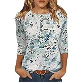 Womens Tops Casual 3/4 Sleeve Shirts Crew Neck Loose Casual Blouses Floral Print Tshirts