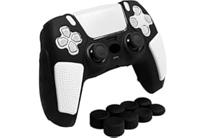 HLRAO Anti-Slip Black&White PS5 Controller Skin,Soft Thicken Studded Protective Silicone Cover Skin Grips Compatible with PS5 /Slim/Pro Controller and 8 PCS Thumb Grips Caps.