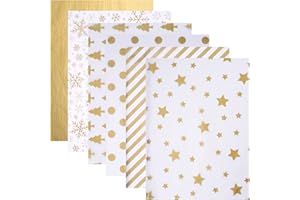 Blisstime 102 Sheets Gold Tissue Paper Gift Wrap Bulk, 19.5" x 13.6" Christmas Tissue Paper for Wrapping, 6 Assorted Designs Golden Stars Snow Dots for Christmas Gift Bags, DIY and Craft