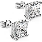 UNFAAR 18K White Gold Plated Sterling Silver Princess Cut Cubic Zirconia Stud Earrings Square CZ Diamond Stud Earrings for Women Men Hypoallergenic