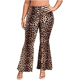WDIRARA Women's Plus Size Leopard Print Flared Pants Elastic Waist Lettuce Trim Bell Bottom Trousers