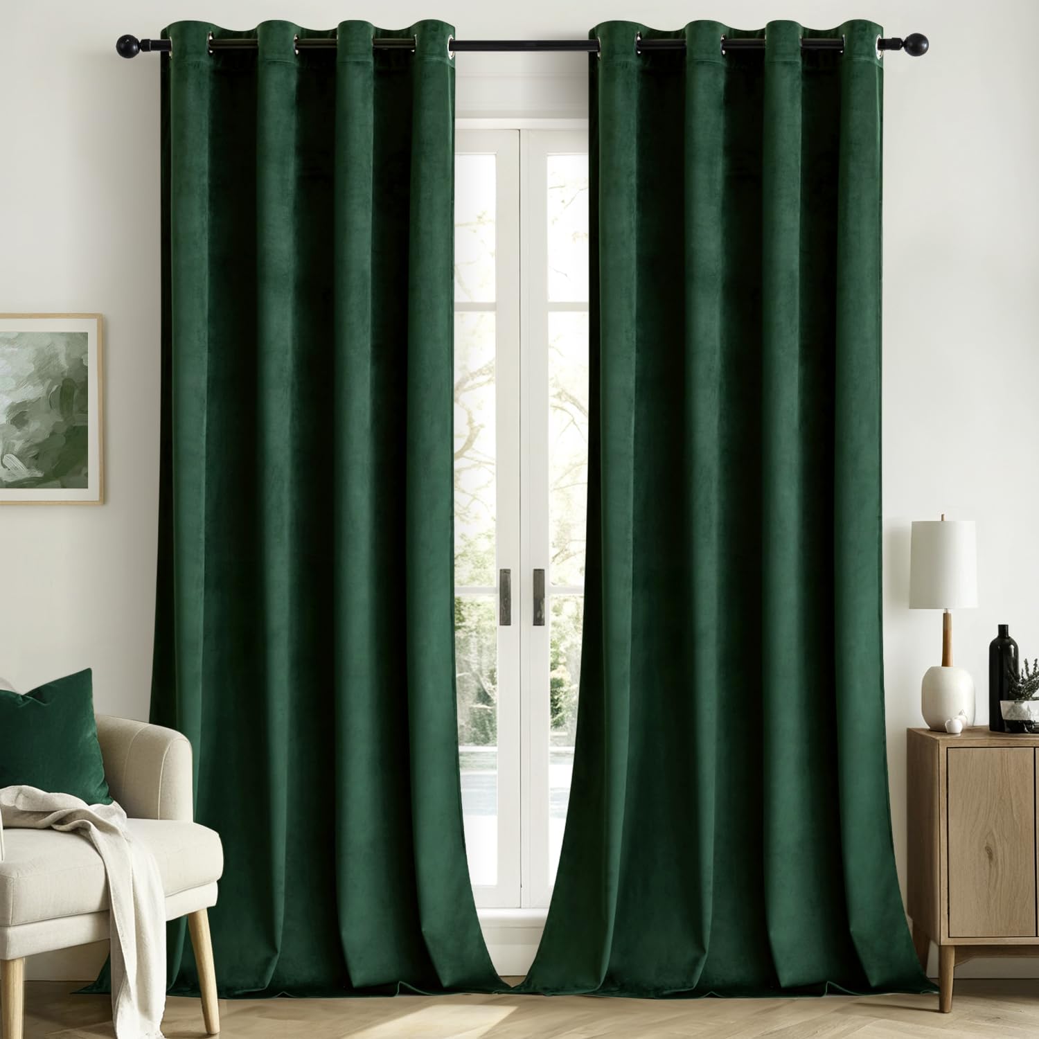 Woaboy Velvet Curtains 90 Drop Emerald Green Curtain for Living Room Thermal Blackout for Bedroom Luxury Eyelet Drapes Soft Window Treatment Insulated Soundproof & Room Darkening W 46 x L 90 2 Panels