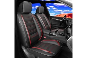 FiveFox Fit Frontier Car Seat Covers for Select Nissan Frontier 2009-2024 2025 Crew Cab - Full Coverage Leather, Waterproof & All Weather Seat Cushion Protector, Full Set, Black with Red Trim