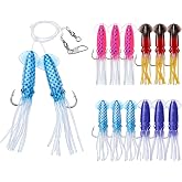 Teyva Daily 12 Set Cod Squid Rock Fish Rigs with Skirt Saltwater | Ling Cod Fishing Jigs, Include 4.5-inch Ball Squid Lure Jig and 7/0 Hook, White Ones Are Luminous, Colorful Ones Are Not