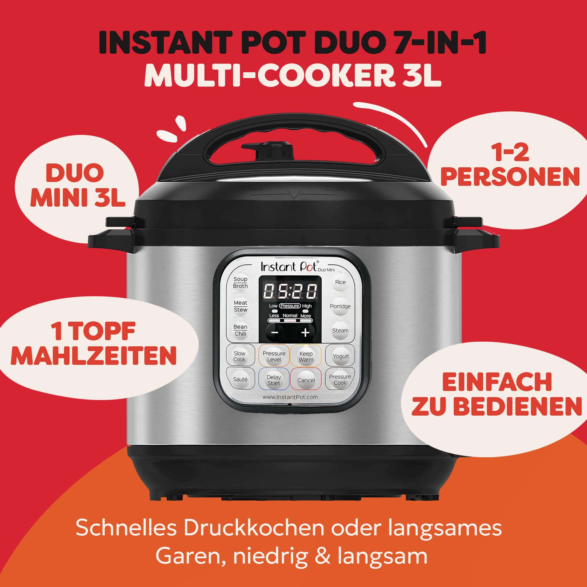 Instant Pot Duo 30 Elektro-Multikocher 3L - Schnellkochtopf, Schongarer, Reiskocher, Sautierpfanne, Joghurtbereiter, Dampfgarer und Speisewärmer, aus Edelstahl, Silver 3