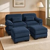 Home Living Room Couch, Modular Sectional Sofa, Blue 2-Seat U Shaped Couch | Blue Couch, Wide-Rib Corduroy, Foam Pocket-Spring Seat, Solid Wood S-Spring Base, PP-Cotton Back Fill, Includes 2 Ottomans