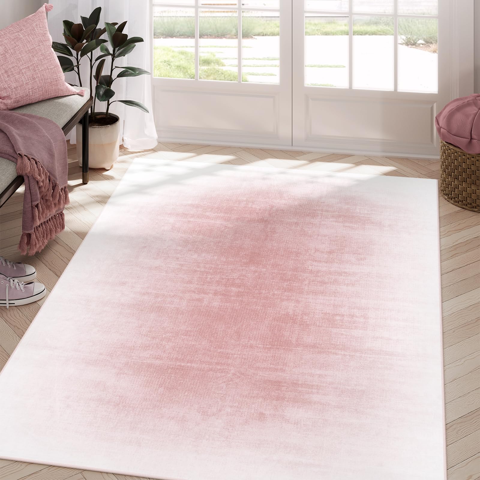 Photo 1 of Collive Pink 5x7 Area Rugs for Bedroom Girls, Contemporary Ombre Nursery Rug Washable Non-Slip Living Room Rugs, Soft Cute Baby Bedside Carpet for Dorm Playroom, Kids Room