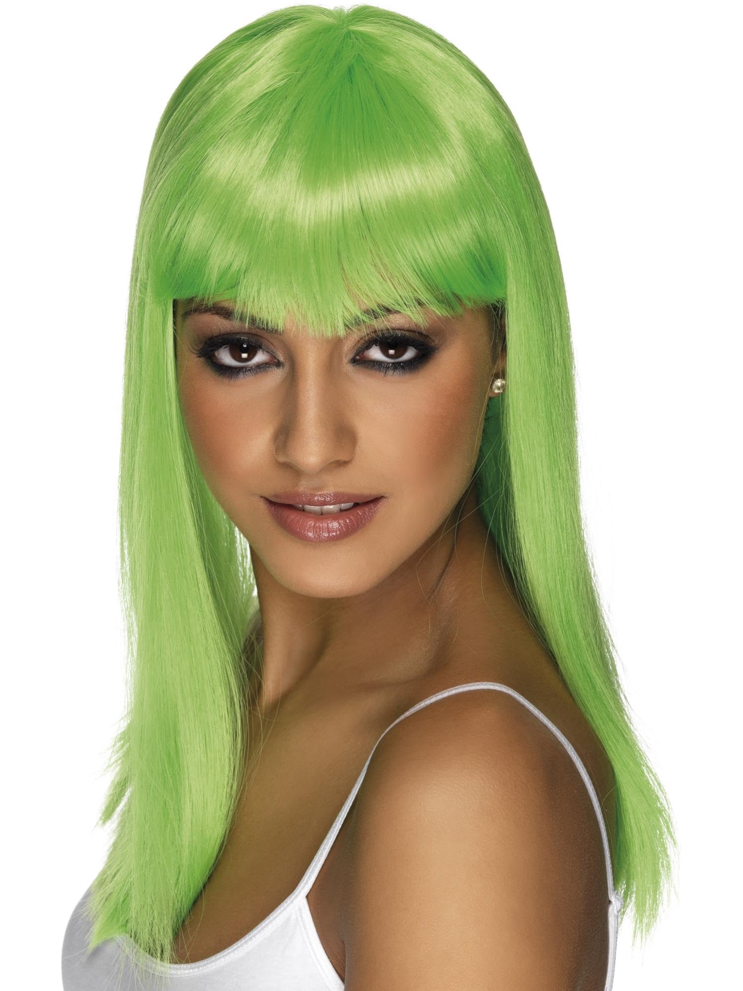 Smiffys Glamourama Wig, Neon Green Long, Straight with Fringe, Ladies Glamour Wigs Fancy Dress, Adult Dress Up Wigs Halloween — image 1