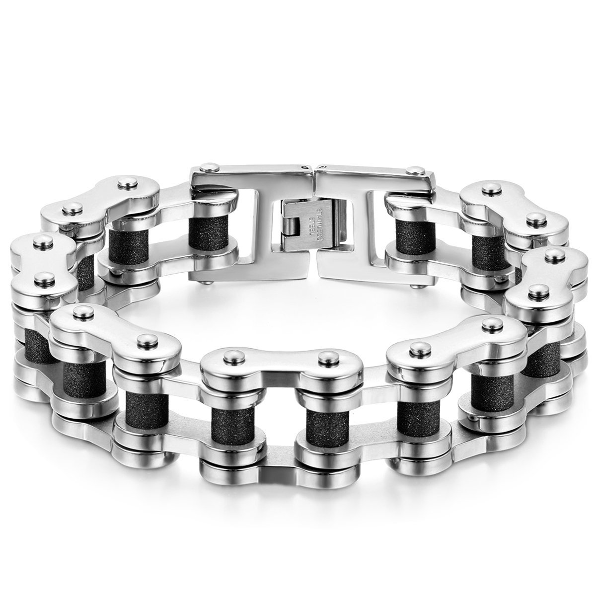 JewelryWe Bike Chain Bracelet Masculine Mens Stainless Steel Heavy Silver Black High Polished