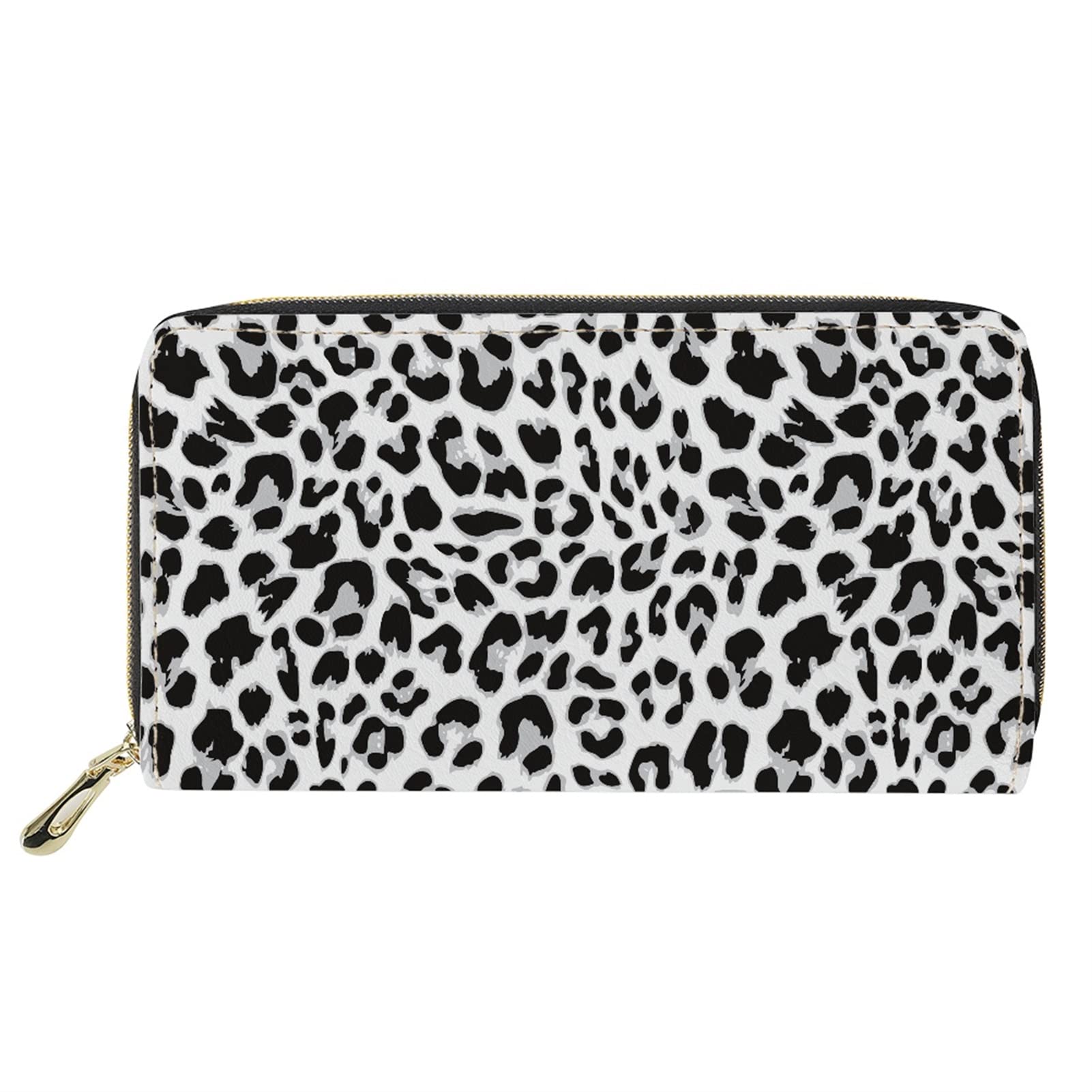 Dolyues White Black Animal Leopard Pattern Long Pu Leather Zipper Wallet,Casual Credit Card Purse with Coin Bag