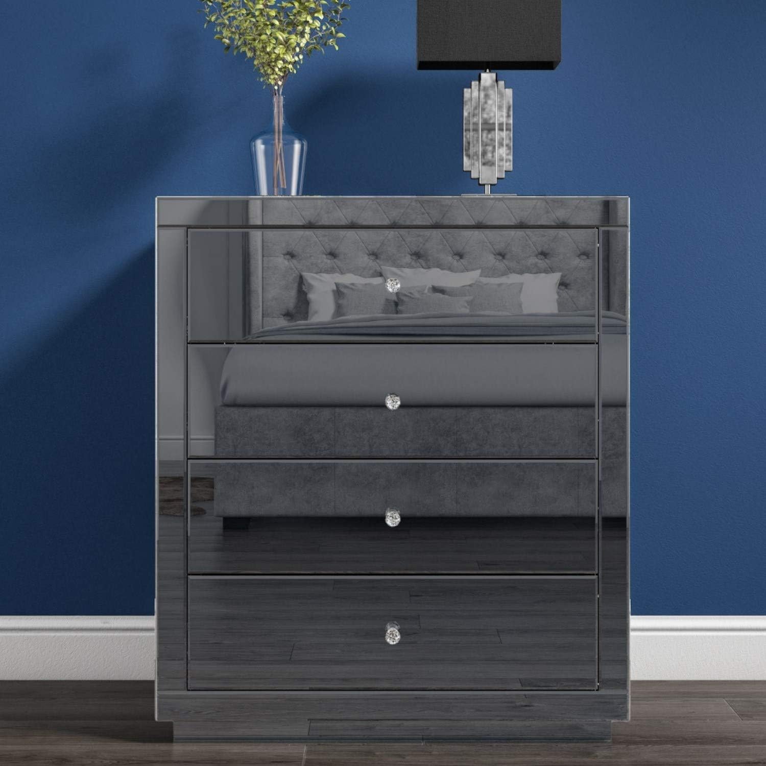 EVA Grey Mirrored 4 Drawer Chest of Drawers with Crystal Effect Handles