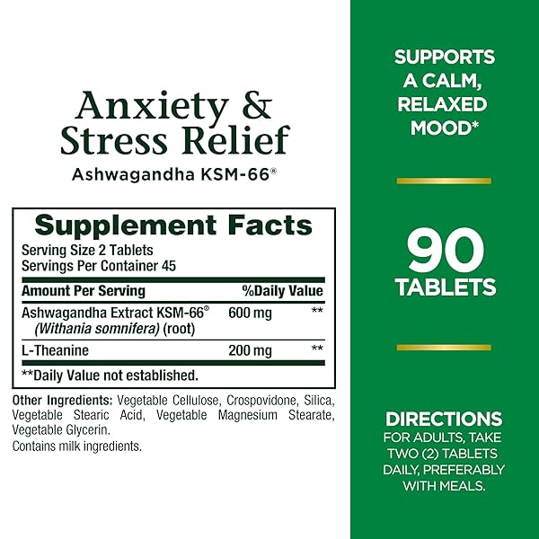 NATURE’S BOUNTY STRESS RELIEF, ASHWAGANDHA KSM-66, SUPPORTS OCCASIONAL STRESS RELIEF, DIETARY SUPPLEMENT, 2 TABLETS PER DAY, VEGETARIAN TABLETS, GLUTEN FREE, 90 CT