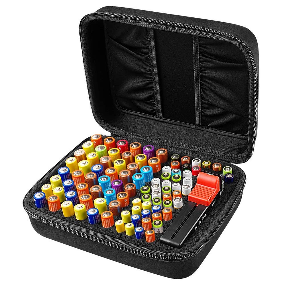 COMECASE Hard Battery Organizer Storage Box, Carrying Case Bag Holder - Holds 148 Batteries AA AAA C D 9V - with Battery Tester BT-168 (Batteries are Not Included) (M_Holds_96pcs+Tester)