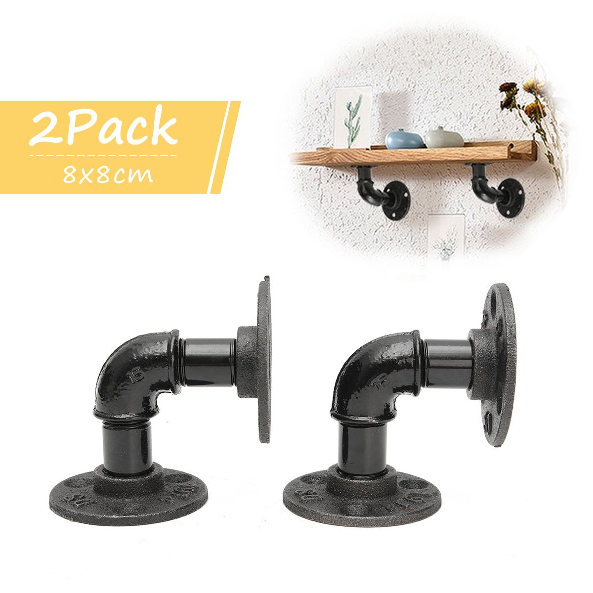 KINGSO 8x8cm Industrial Pipe Shelving Brackets Hardware Support Rustic Hanging Wall Mount Heavy Duty Farmhouse with Screw
