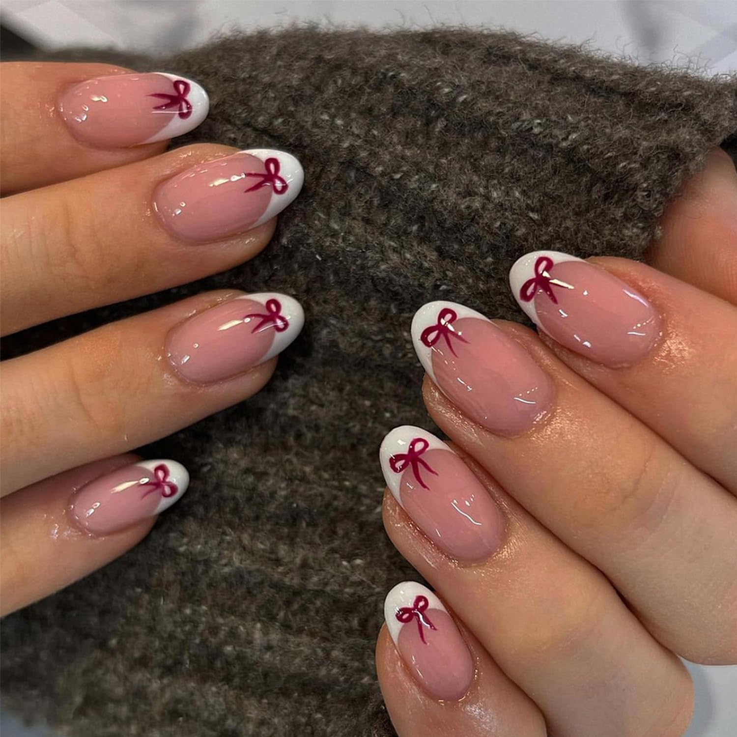 Photo 1 of 24Pcs Bow Press on Nails Short Almond French Tip Fake Nails Cute Bows Nails Design Holiday Glue on Nails White Nail Tips False Nails with Glue Handmade Nails for Women Valentines Manicure Decoration