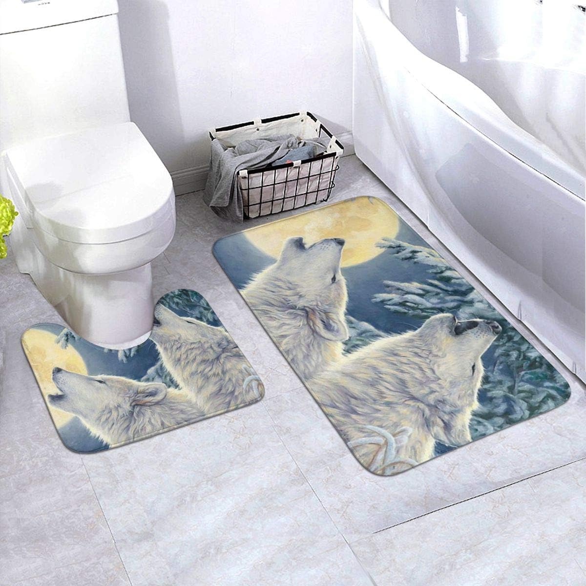 Quguangyan Wolf Full Moon Snow Trees Comfort Bathroom Rug Mats with Non Slip Backing Set 2 Piece 1 Tub Shower Bath Rug and 1 U-Shaped Contour Shower Mat for Bath Room Hotel