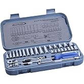 Blue Point BLPATSM1429 29-Piece 1/4" Drive Metric Socket Set, 6-Point Shallow &amp; Deep Sockets 4-14mm, Quick Release Ratchet, Extension Bars, Universal Joint &amp; Storage Case
