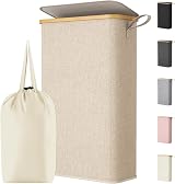 Lifewit 65L Slim Laundry Basket with Lid Beige Narrow Foldable Organizer