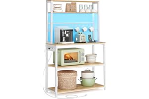 VASAGLE Coffee Bar with LED Lights, Kitchen Bakers Rack with Power Outlet, Microwave Stand with Adjustable Shelves, 8 Hooks, 15.7 x 31.5 x 65.7 Inches, Golden Oak and Matte White UKKS050Y01