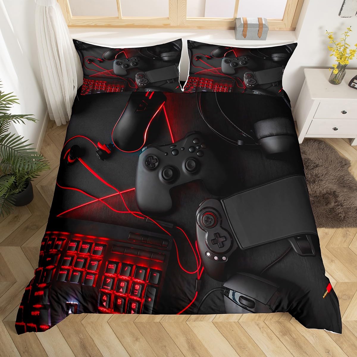 Loussiesd Gamer Bedding Set Gamepad Duvet Cover Gaming Console Young Sci-Fi Style Comforter Cover for Cool Teen Boys Player Video Game Controller Bedspread Cover with Zipper Ties,3Pcs Double Size