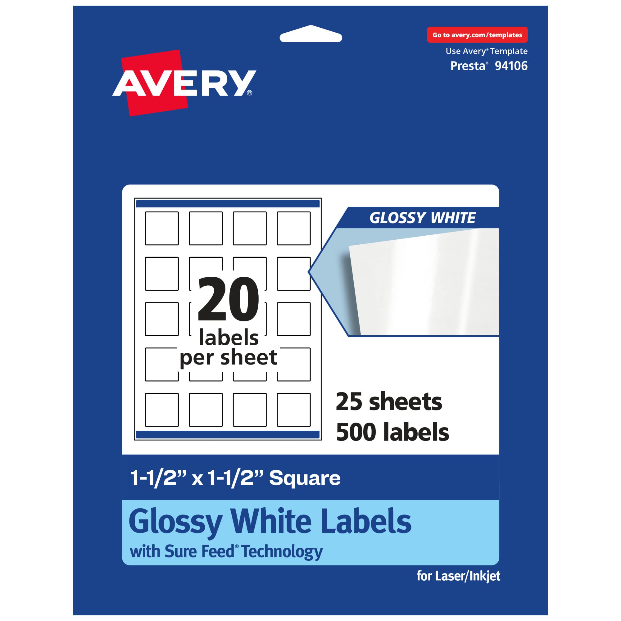 Avery Glossy White Square Labels, Sure Feed Technology, 1.5″ x 1.5″, 500 Glossy White Labels, Print-to-The-Edge, Permanent Adhesive, Laser/Inkjet Printable