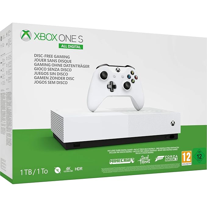 Microsoft Xbox One S All Digital - Consola de 1 TB, color blanco + 1 mes de Xbox Live Gold, 1 mando blanco, Forza Horizon 3 (juego digital), Minecraft (juego digital), Sea of Thieves (juego digital)
