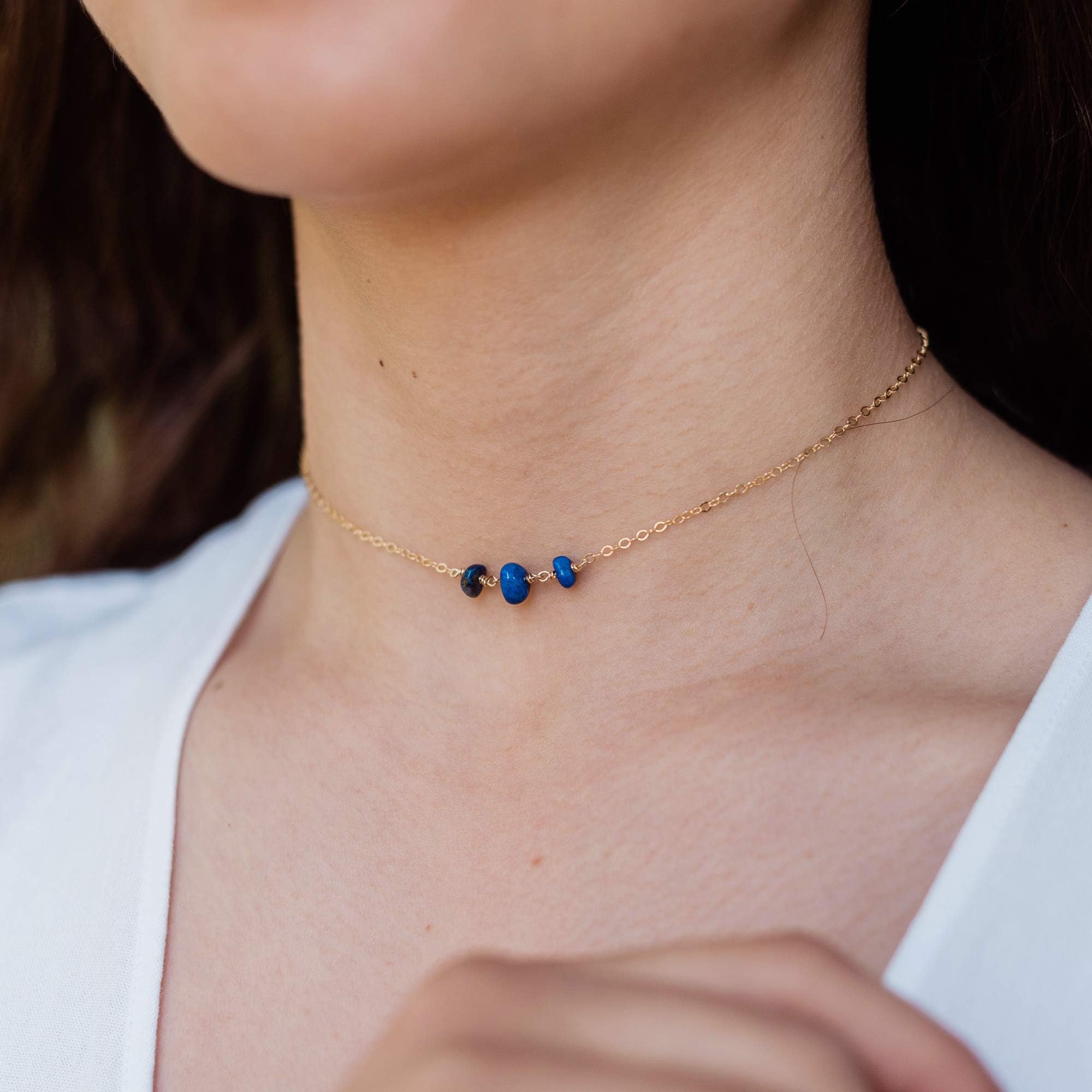 Lapis lazuli beaded chain choker necklace in 14k gold fill - 12" chain with 2" adjustable extender - September birthstone