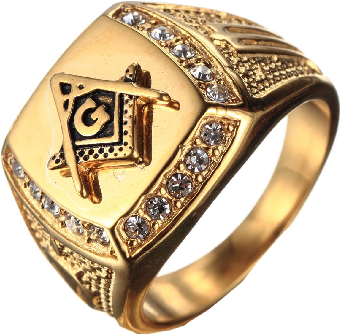 PMTIER Men's Cubic Zirconia Masonic Freemason Gold Plated Stainless Steel Rings
