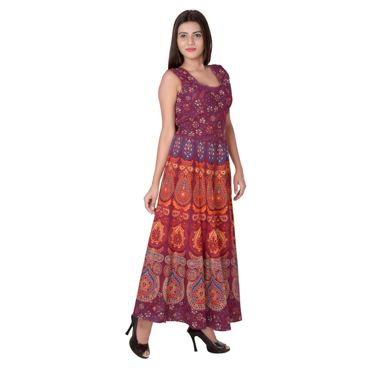 monik handicrafts women's jaipuri printed cotton maxi dress, free size up to 44-xxl(multicolour, mh222)