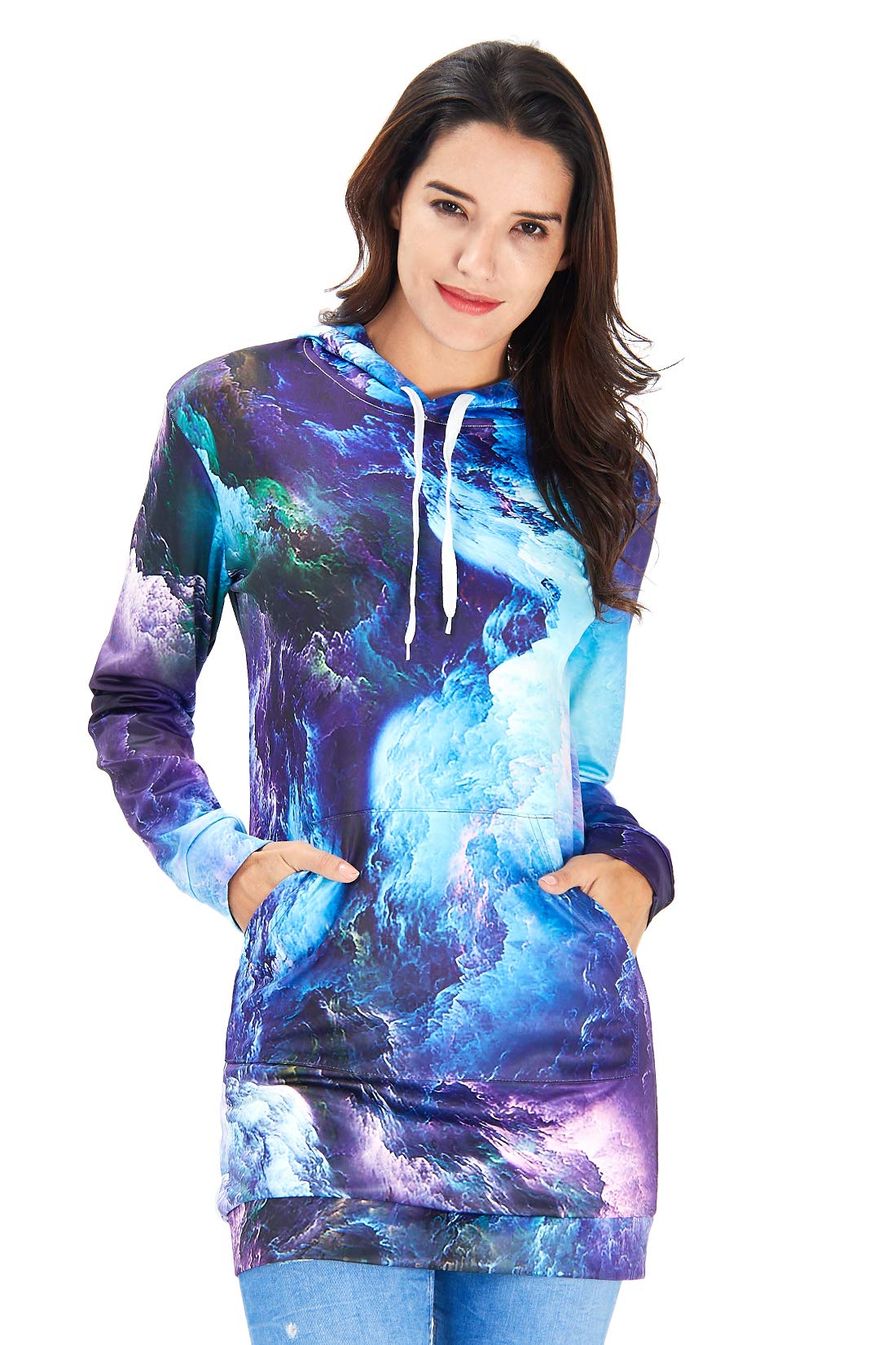 ALOOCA Women\'s Galaxy Nebula Sweatshirts Dress Casual Hoodie Dress with Kangaroo Pocket