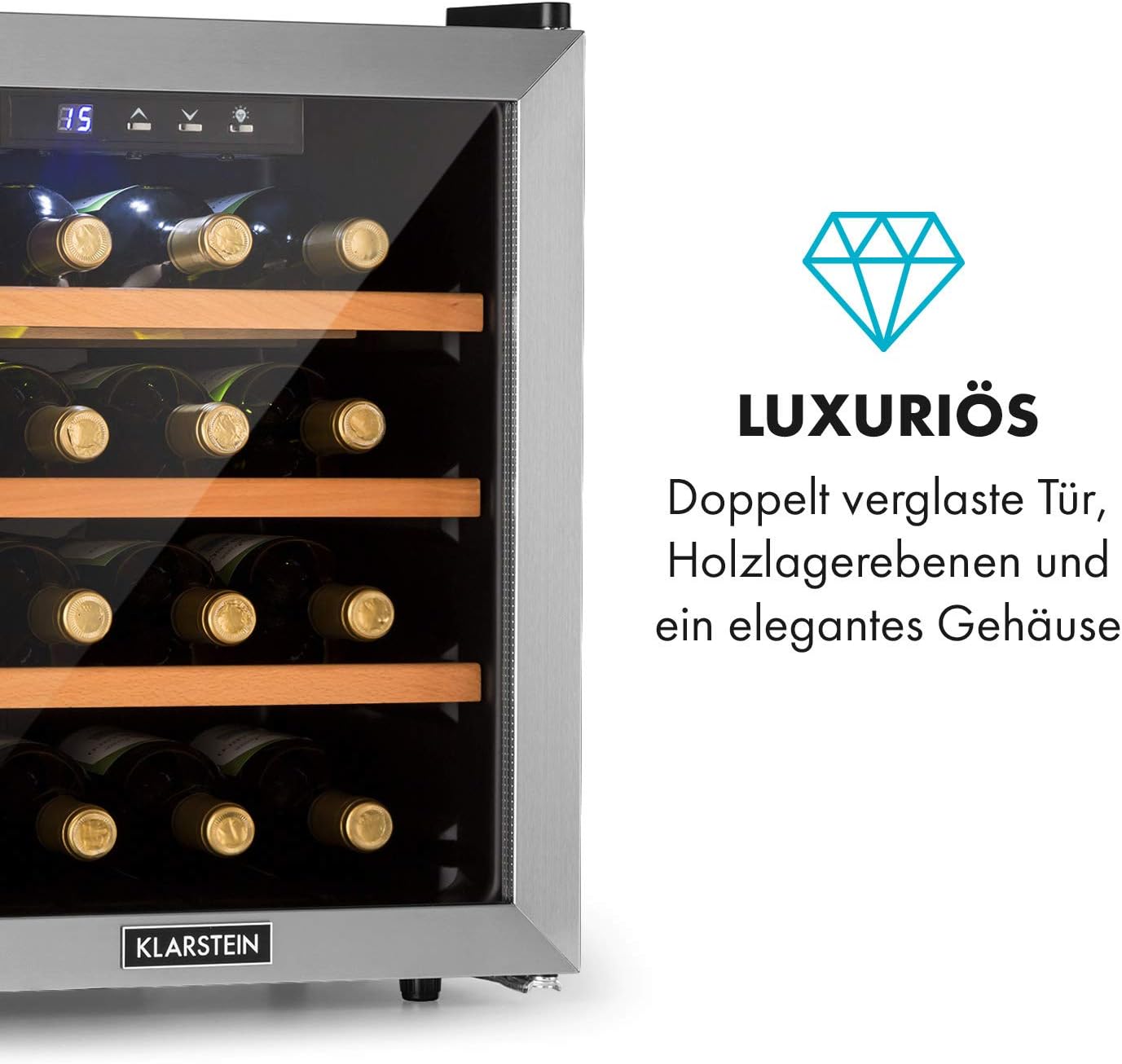 Klarstein Reserva 16 Wine Refrigerator Thermoelectric Drinks Refrigerator Energy Efficiency Class B 34 Db 1 Zone 48 L 16 Bottles 11 18 C Glass Front With Stainless Steel Frame Grey Black Amazon De Large Appliances