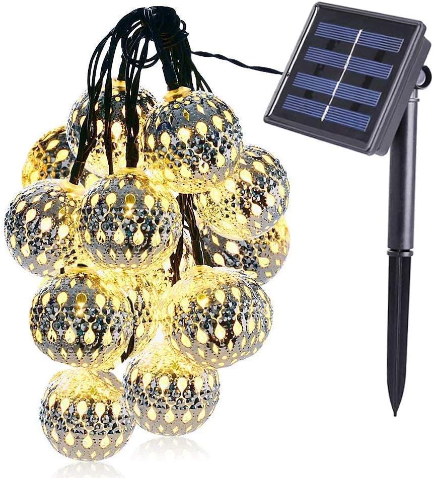 Highill Solar String Lights Moroccan Ball 15ft 20LED Globe Fairy String Lights Sliver Warm white