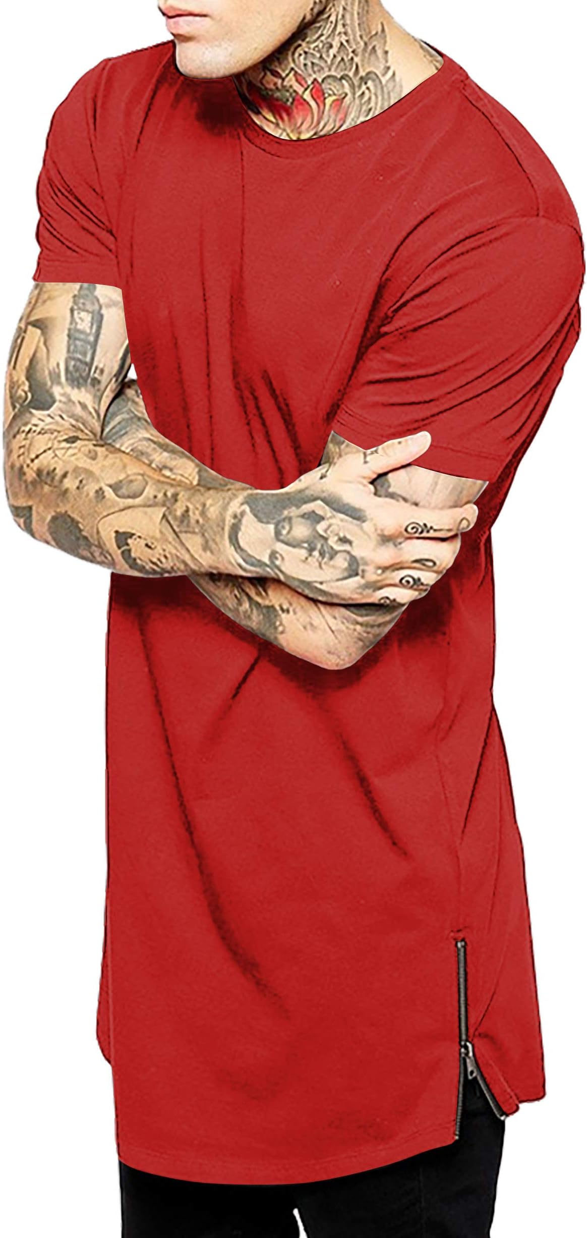Mens Premium Longline Tee with Side Zipper Elongated Extended Style T Shirt