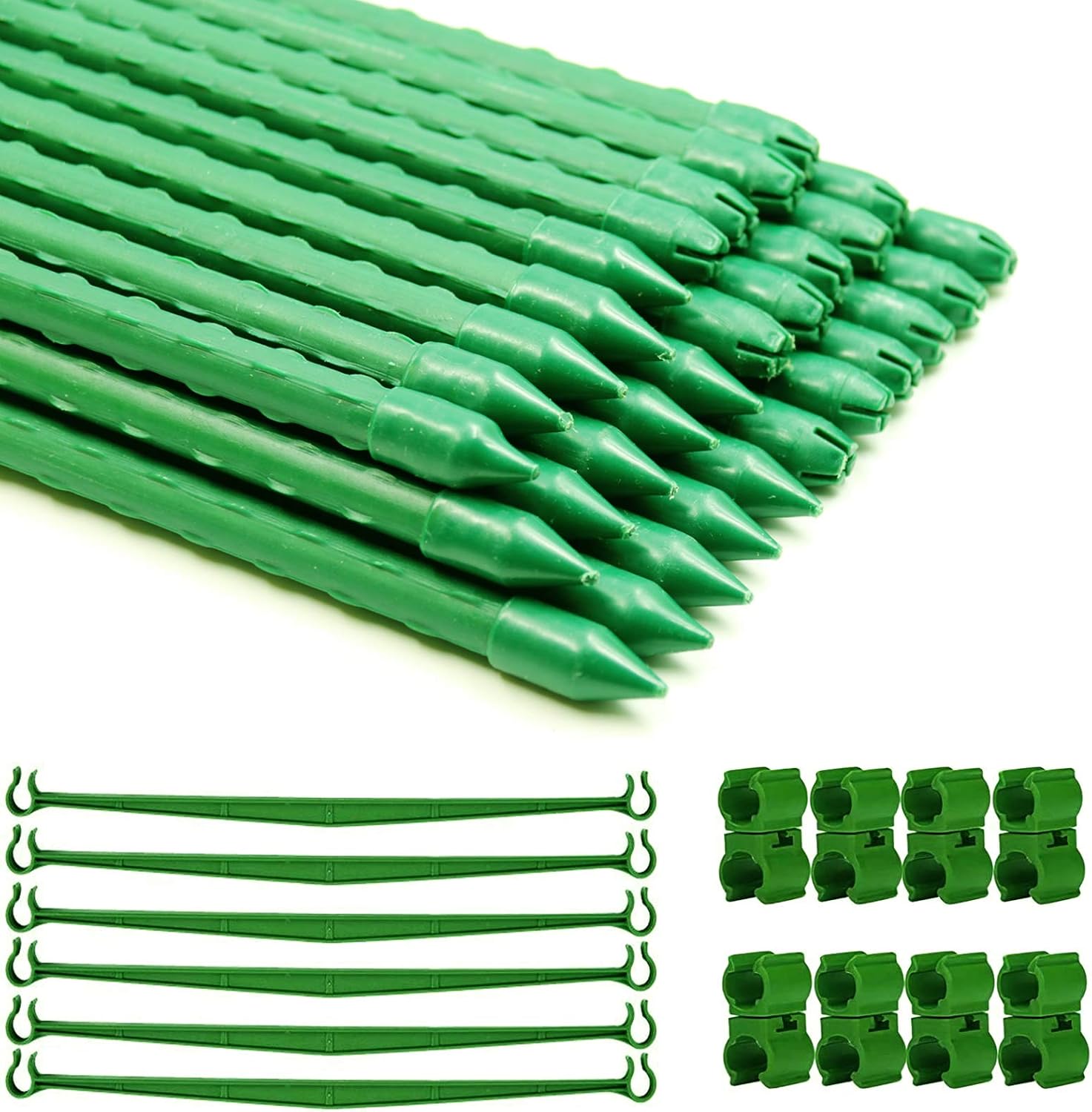 4FT 30PCS Plastic Coated Garden Stakes,Sturdy Metal Tomato Plant Stakes and Support with 15 Stake Buckles and 18 Plant Pile Connector for Tomato Bean Cucumber Strawberry Flower Tree