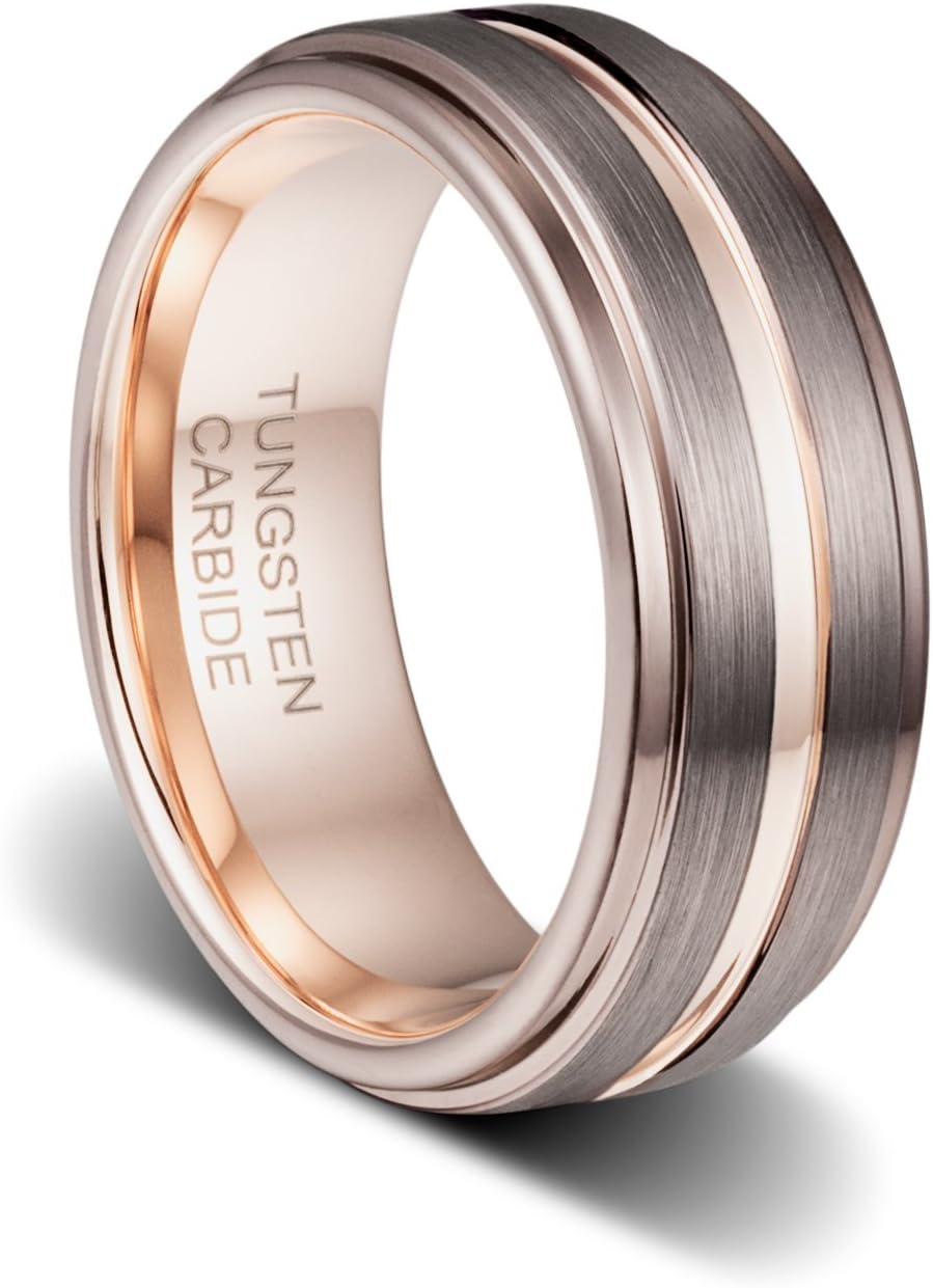 TUSEN JEWELRY Mens Wedding Band 8mm Espresso Brown Brushed Thin Rose Gold Groove Step Edge Tungsten Ring