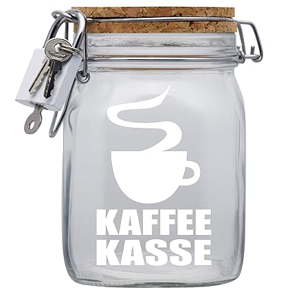 Kaffee-Kasse Spardose mit Vorhängeschloss in Weiss/Geld-Geschenk Idee XXL Sparbüchse Glas Geldgeschenk mit Korkdeckel und Spa