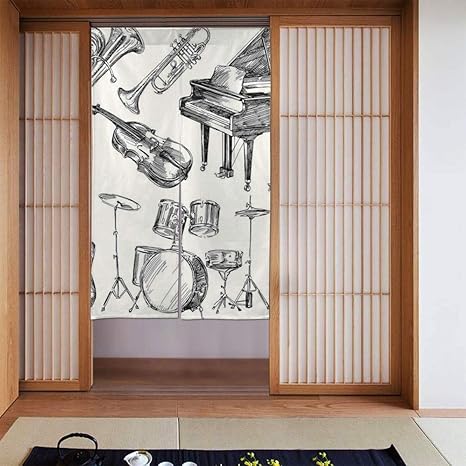 Amazon Wotaka 部屋仕切り のれん トランペットピアノギターをテーマにした楽器スケッチスタイルアートのイラスト おしゃれ 暖簾 玄関 キッチン リビング 飲食店 出入り口 ロング のれん カーテン 幅86 丈143cm のれん オンライン通販
