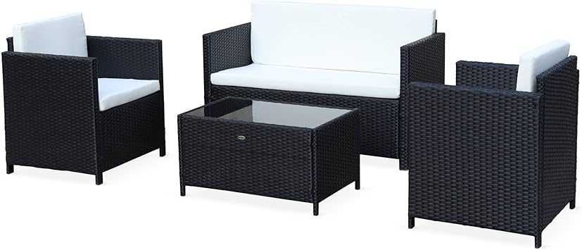Salon De Jardin En Resine Tressee Perugia Noir Coussins Ecrus