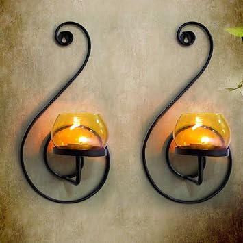 TIED RIBBONS Set of 2 Wall Hanging Tealight Candle Holder Metal Wall Sconce with Glass Cups and Tealight Candles for Christmas Lights for Home Decoration (Set of 2)