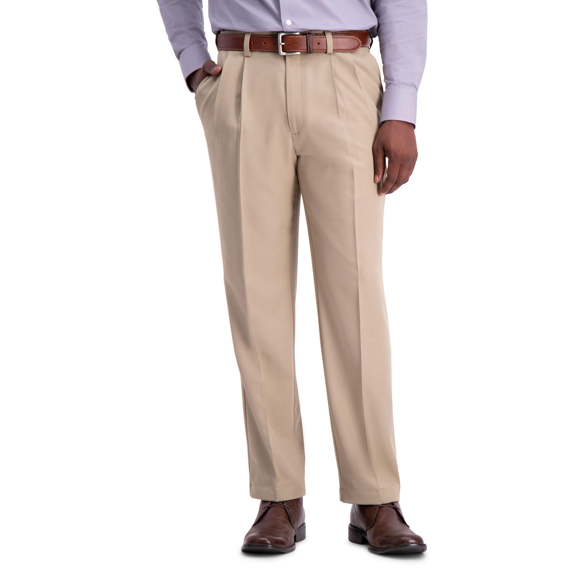 Haggar Men's Cool 18 Pro Classic Fit Pleat Front Expandable Waist Pants Tan | eBay