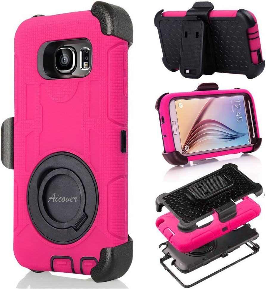 S6 Case, Galaxy S6 Case, Aitech TPU Rubber & Silicone Ultra Shock&drop-proof Amy-grade Protective Hard Defender Case with Stand & Clip for Samsung Galaxy S6 (Hot Pink +Black)