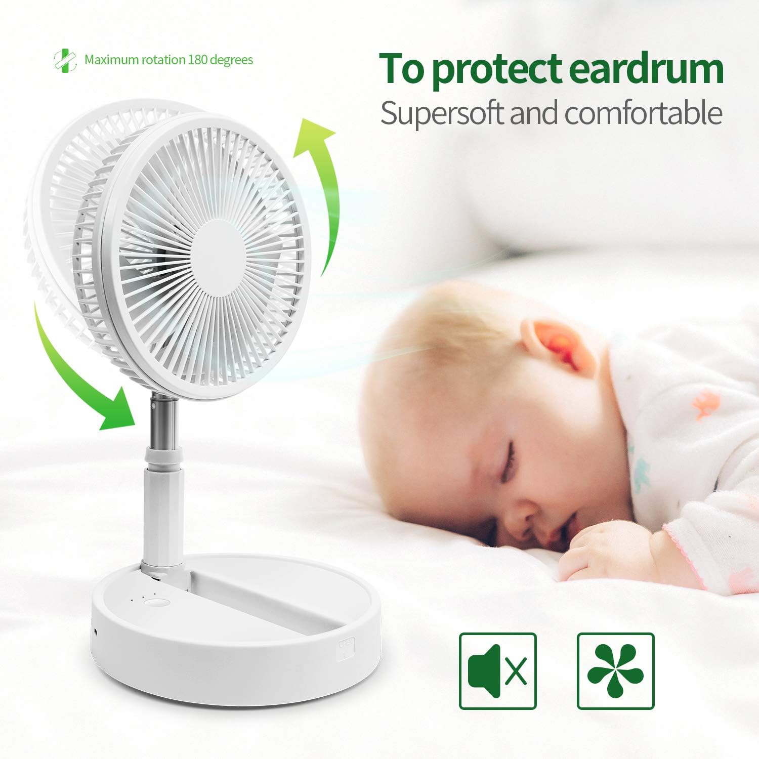 Foldaway Rechargeable Standing Fan Battery Operated 8'' for Camping, Fishing, home, Office, Outdoor Activities, 3 Speed Modes 7200 MAH with Folding Telescopic Link 39 Inch Height (WHITE): Kitchen & Dining