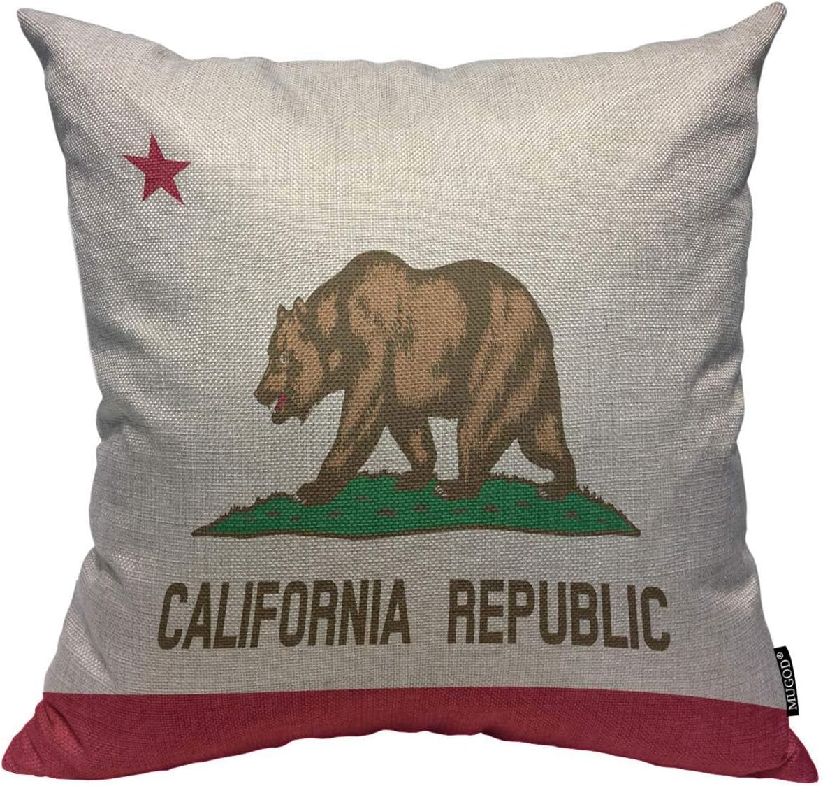 Mugod Throw Pillow Cover Bear State of California Flag Republic Home Decorative Square Pillow Case for Men Women Boy Gilrs Bedroom Livingroom Cushion Cover 18x18 Inch,Beige Brown Pillowcase