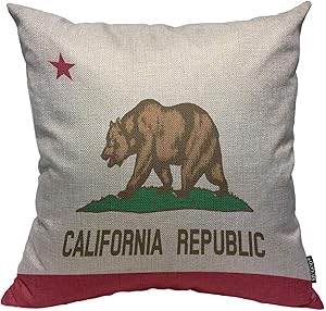 Mugod Throw Pillow Cover Bear State of California Flag Republic Home Decorative Square Pillow Case for Men Women Boy Gilrs Bedroom Livingroom Cushion Cover 18x18 Inch,Beige Brown Pillowcase