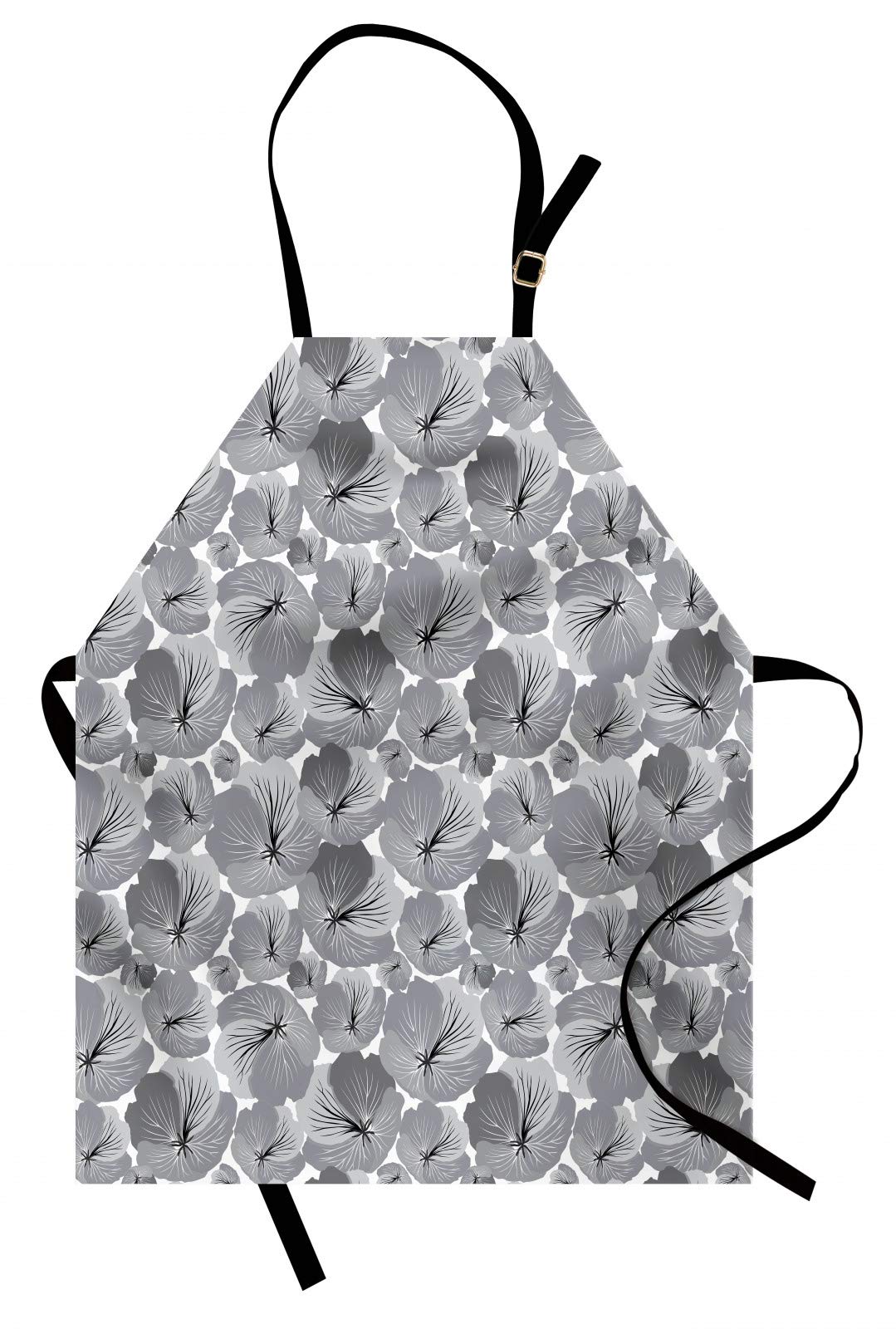 ABAKUHAUS Floral Apron, Vintage Style Grey Tone Poppy Flowers with Flyaway Hand-drawn Petals, Unisex Kitchen Apron with Adjustable Neck for Cooking Baking Gardening, Grey Light Grey And Black