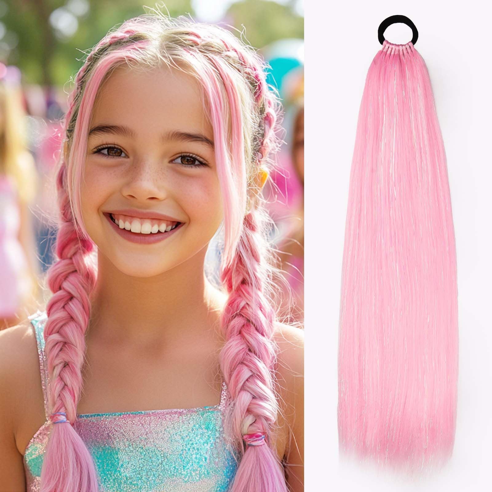 Rainbow Ponytail Extensions With Hair Tie 1 Packs 80g/Pack Coloured Hair Extensions for Braiding 18 inch Colorful Ombre Mermaid Pony Tail Synthetic Hair Extensions for Girl Women XXPink — image 1