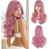 Haloo Pink Wigs with Bangs Long Wavy Layered Haircut Natural Looking Fluffy Synthetic Heat Resistant Hair Wig for Women Daily Party, 24 Inch