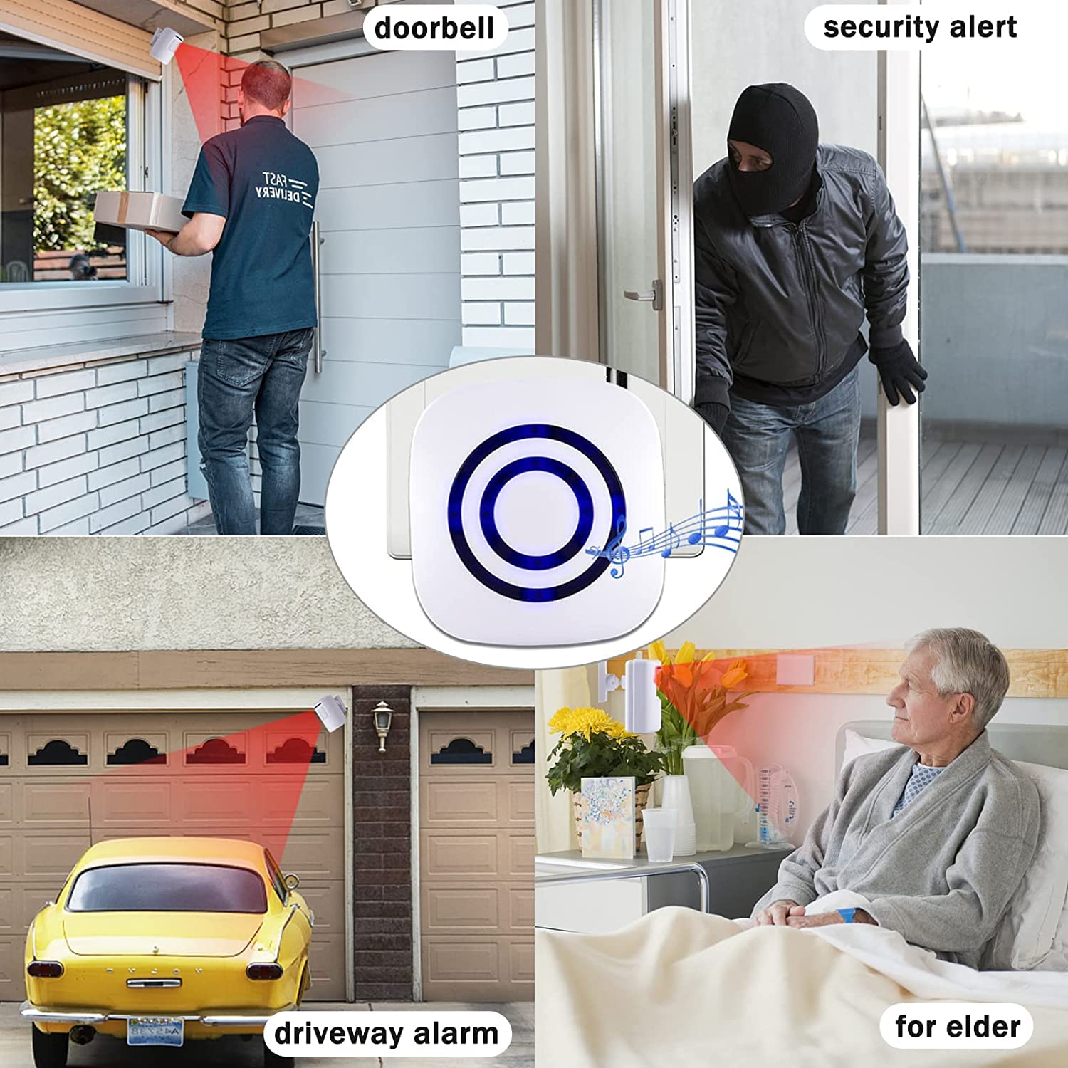 Motion Sensor Alarm, Long Range Wireless Driveway Alarm, Indoor Home Security System Electric Doorbells, 4 Motion Detector and 2 Alarm, 38 Chime Tunes, LED Indicator